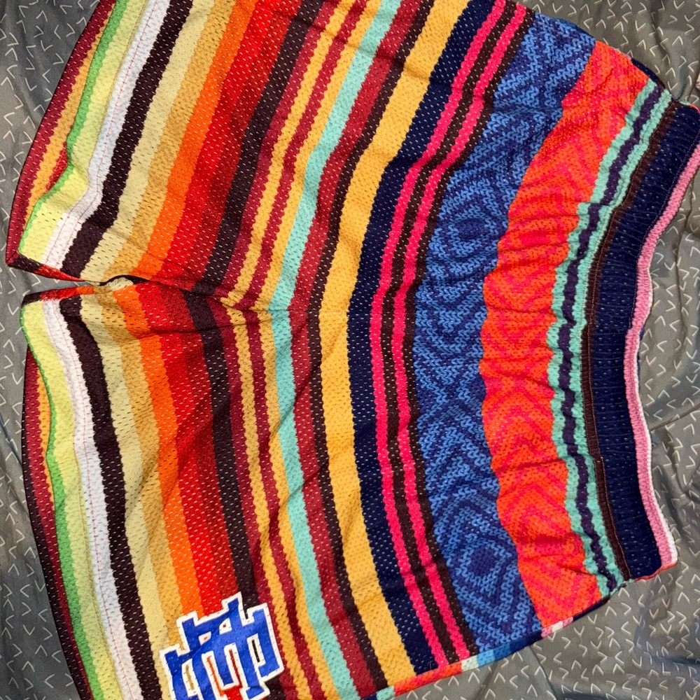 Eric Emanuel Red and Pink Athletic Shorts with Vibrant Stripes